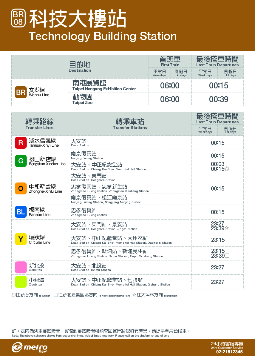 台北捷運科技大樓站首班車末班車資訊